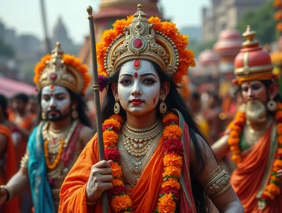 Participants Dressed As Hindu Deities In A Procession