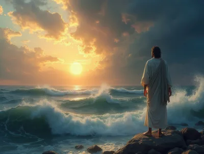 Jesus Standing On Rocky Shore At Sunset