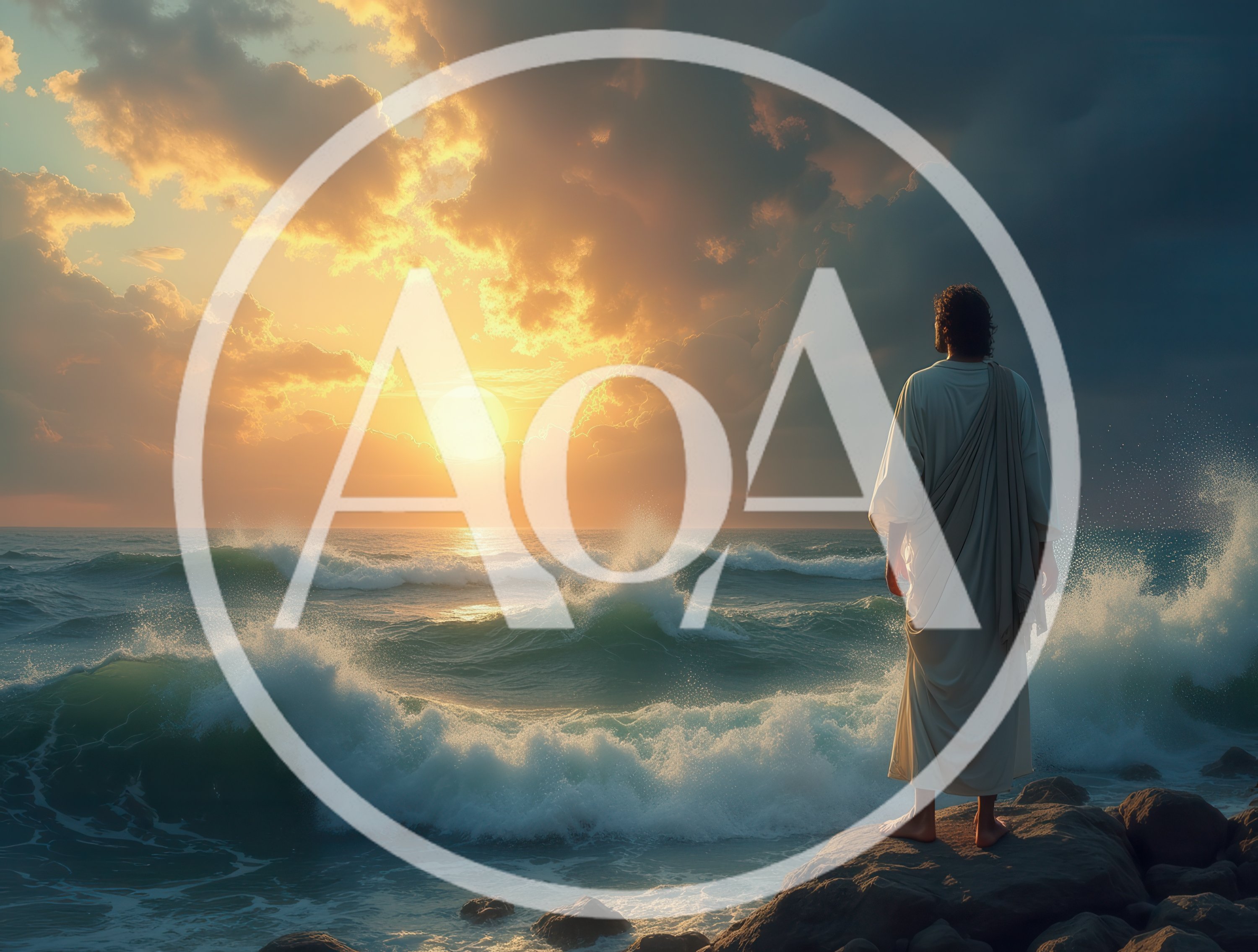 Jesus Standing On Rocky Shore At Sunset