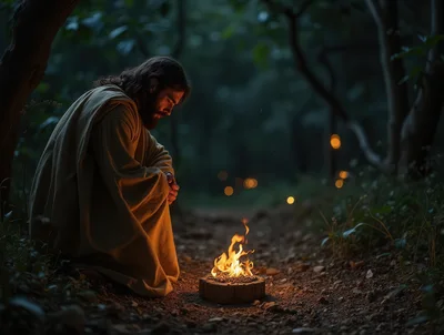 Jesus Christ Kneeling Beside A Small Campfire In Forest