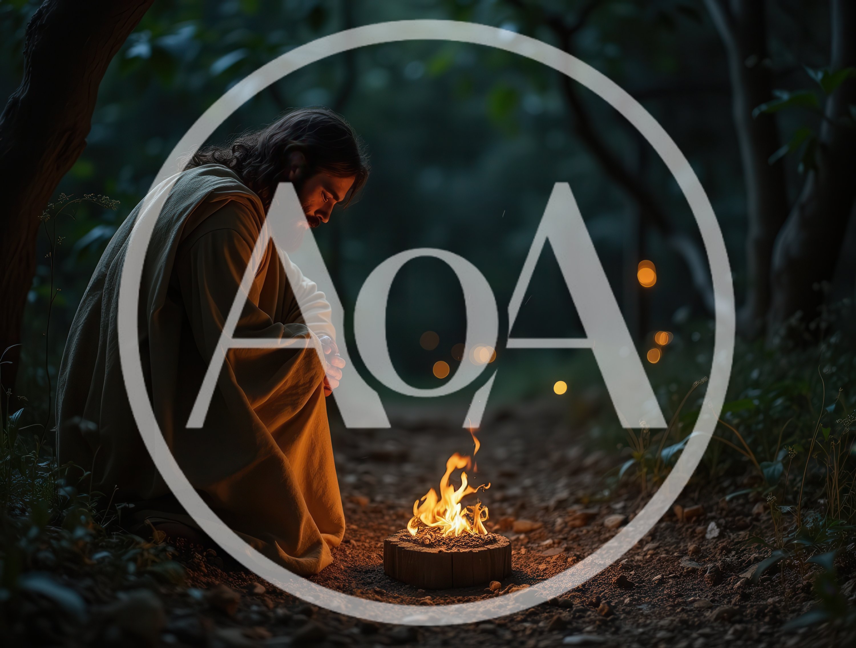 Jesus Christ Kneeling Beside A Small Campfire In Forest