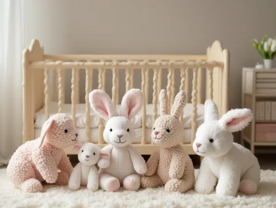 Five Plush Stuffed Animal Rabbits In A Nursery
