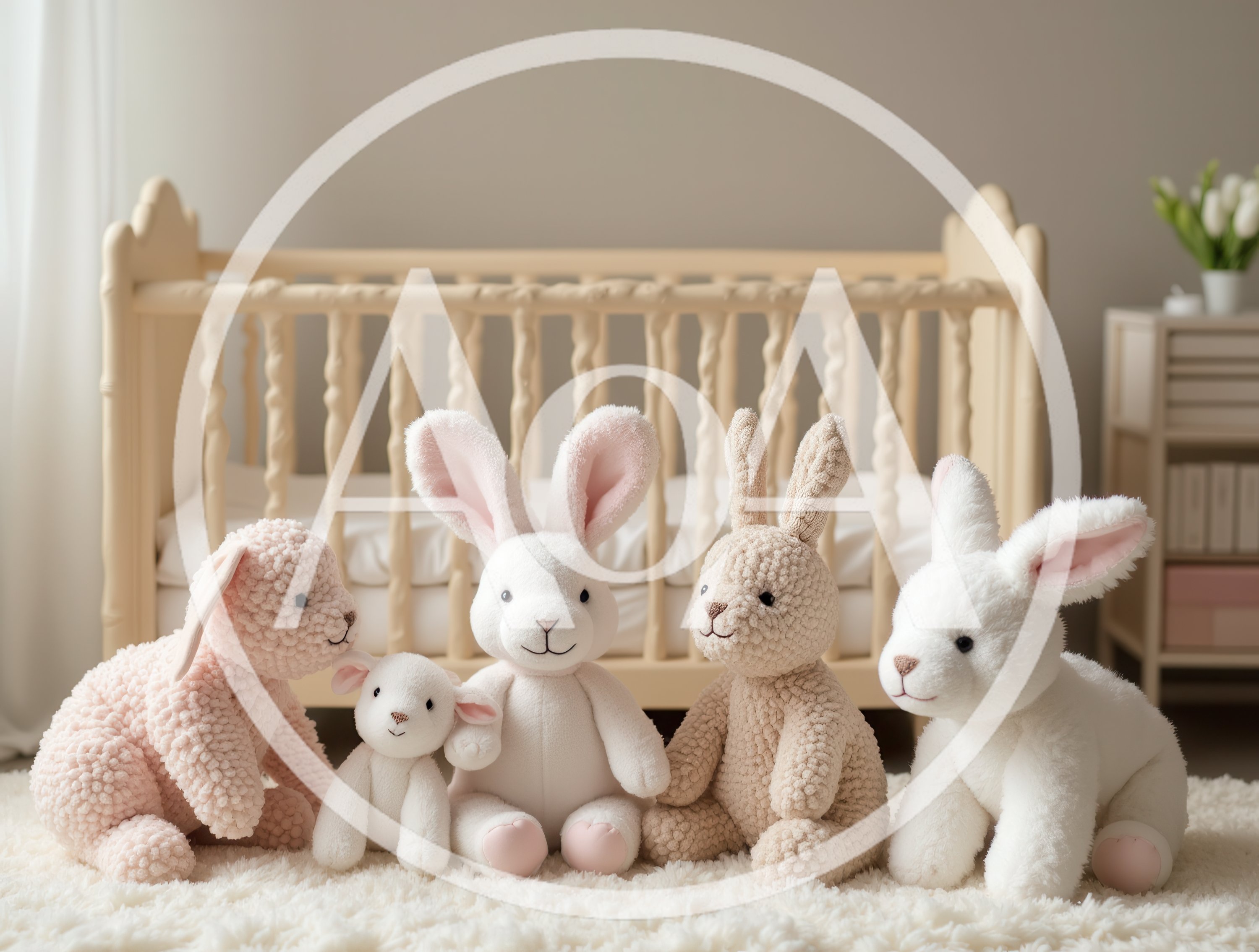 Five Plush Stuffed Animal Rabbits In A Nursery
