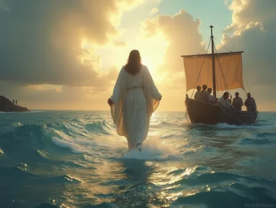 Jesus Christ Walking On Water Toward A Fishing Boat