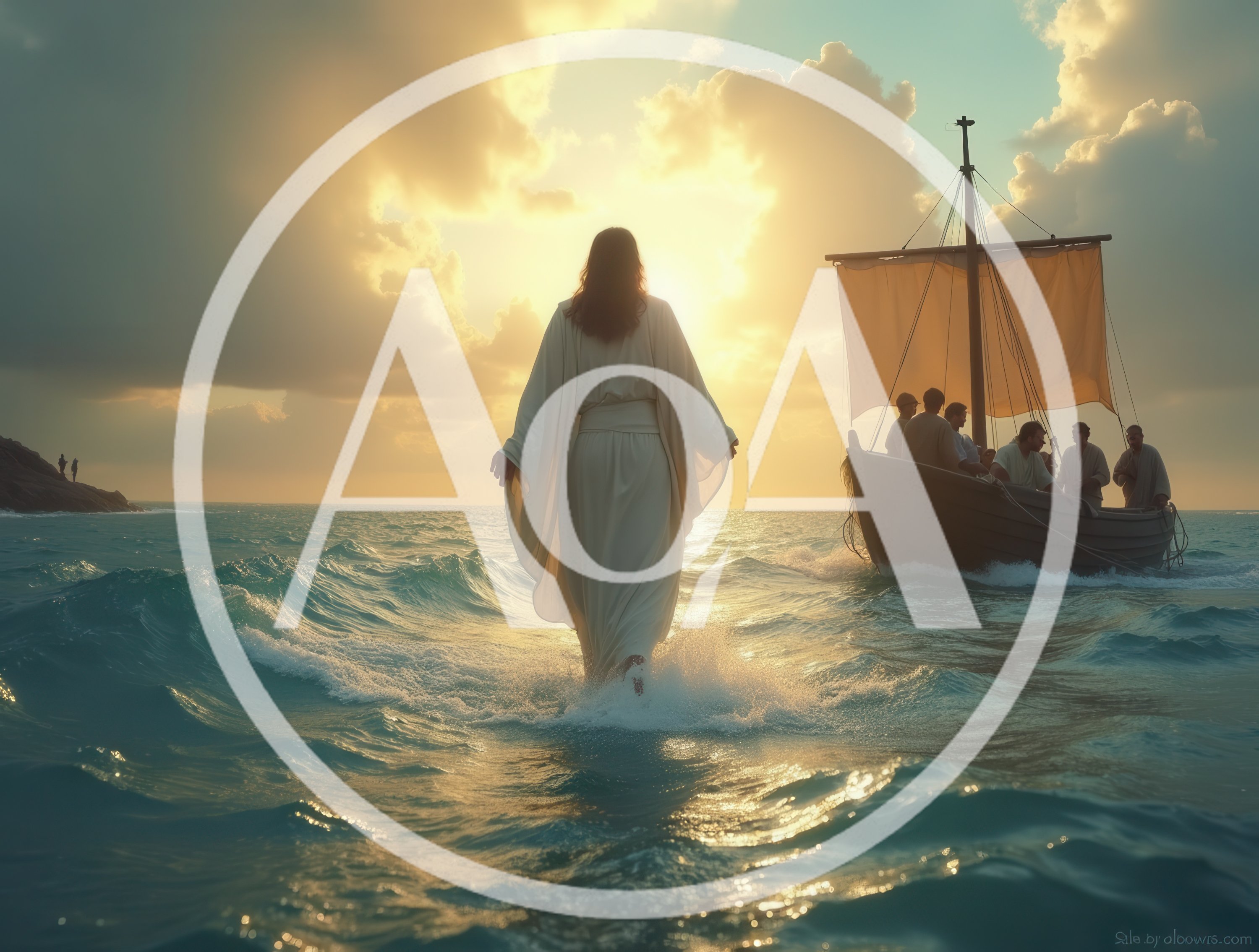 Jesus Christ Walking On Water Toward A Fishing Boat