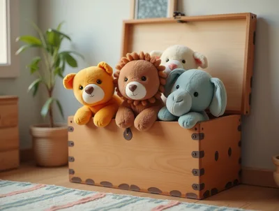 Plush Animal Toys Inside A Wooden Toy Chest