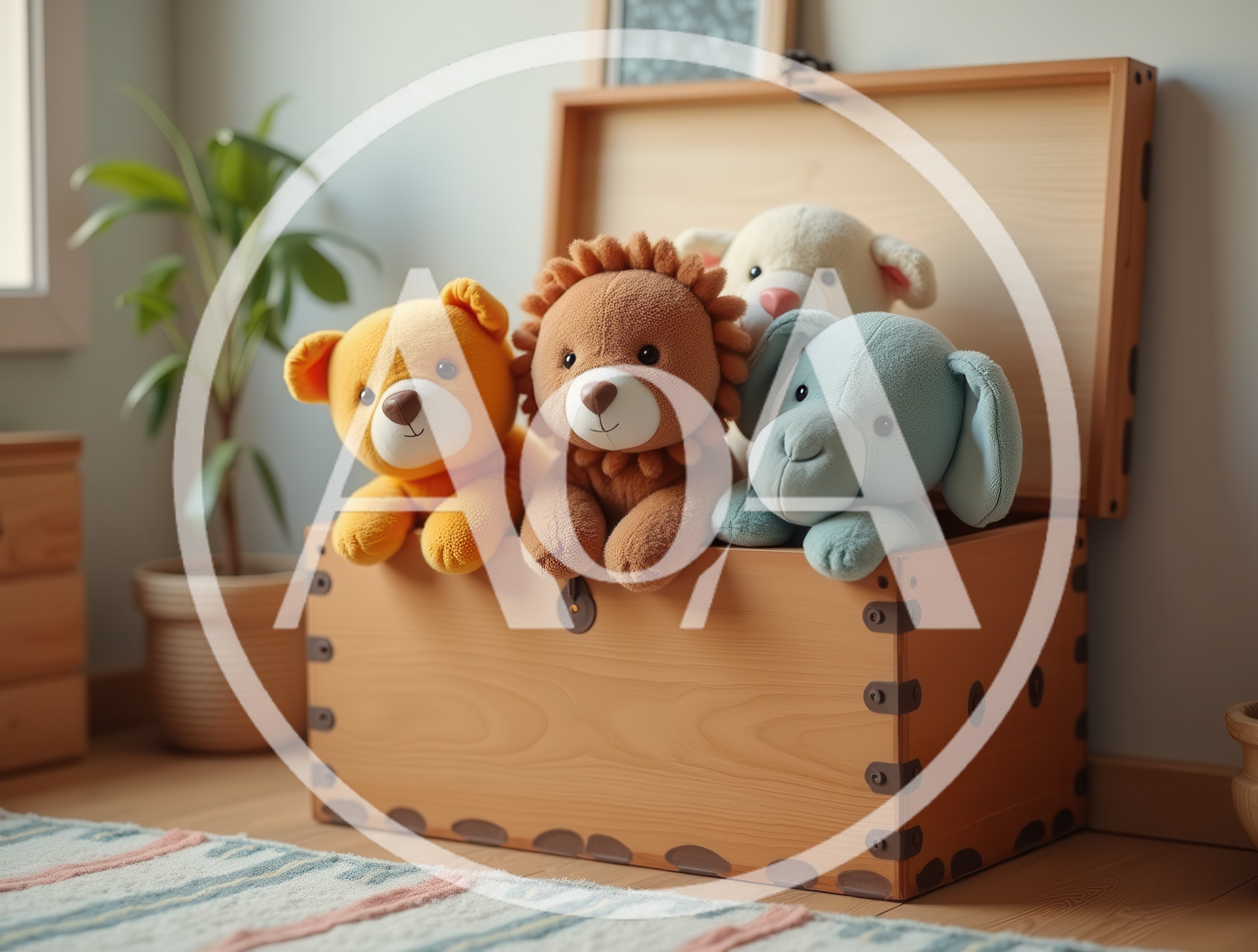 Plush Animal Toys Inside A Wooden Toy Chest
