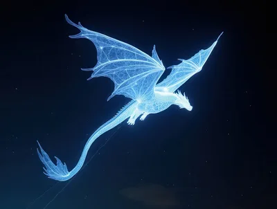 Glowing Ethereal Dragon Flying Through Night Sky