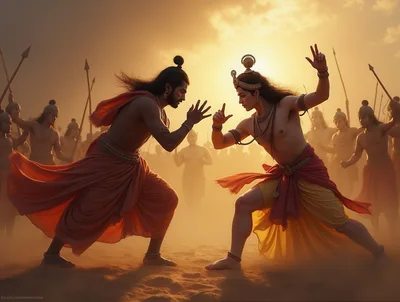 Two Ancient Indian Warriors Engaging In Ritual Combat