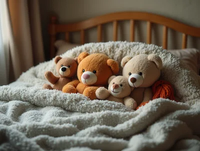 Four Teddy Bears Sitting Together On A Cozy Bed