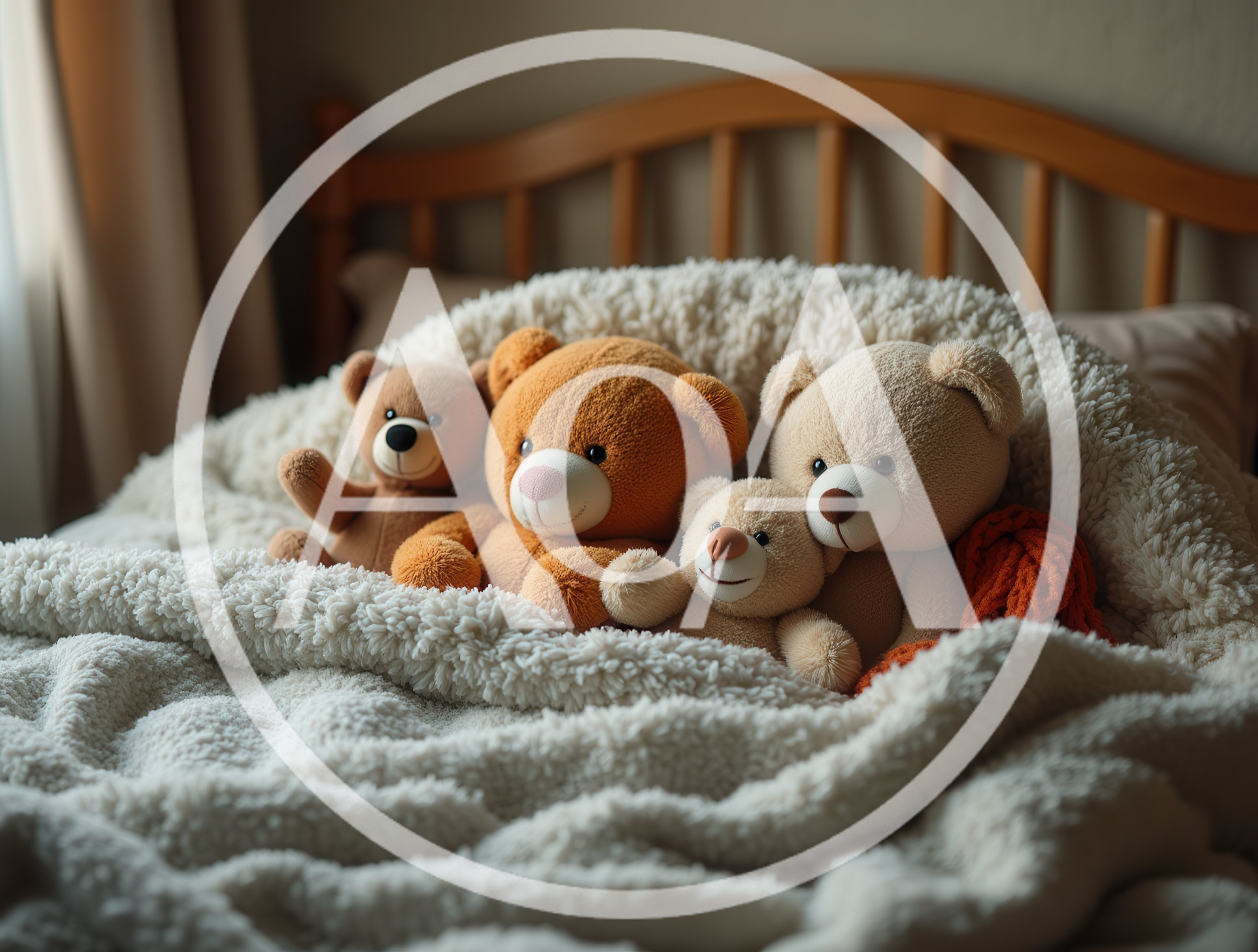 Four Teddy Bears Sitting Together On A Cozy Bed