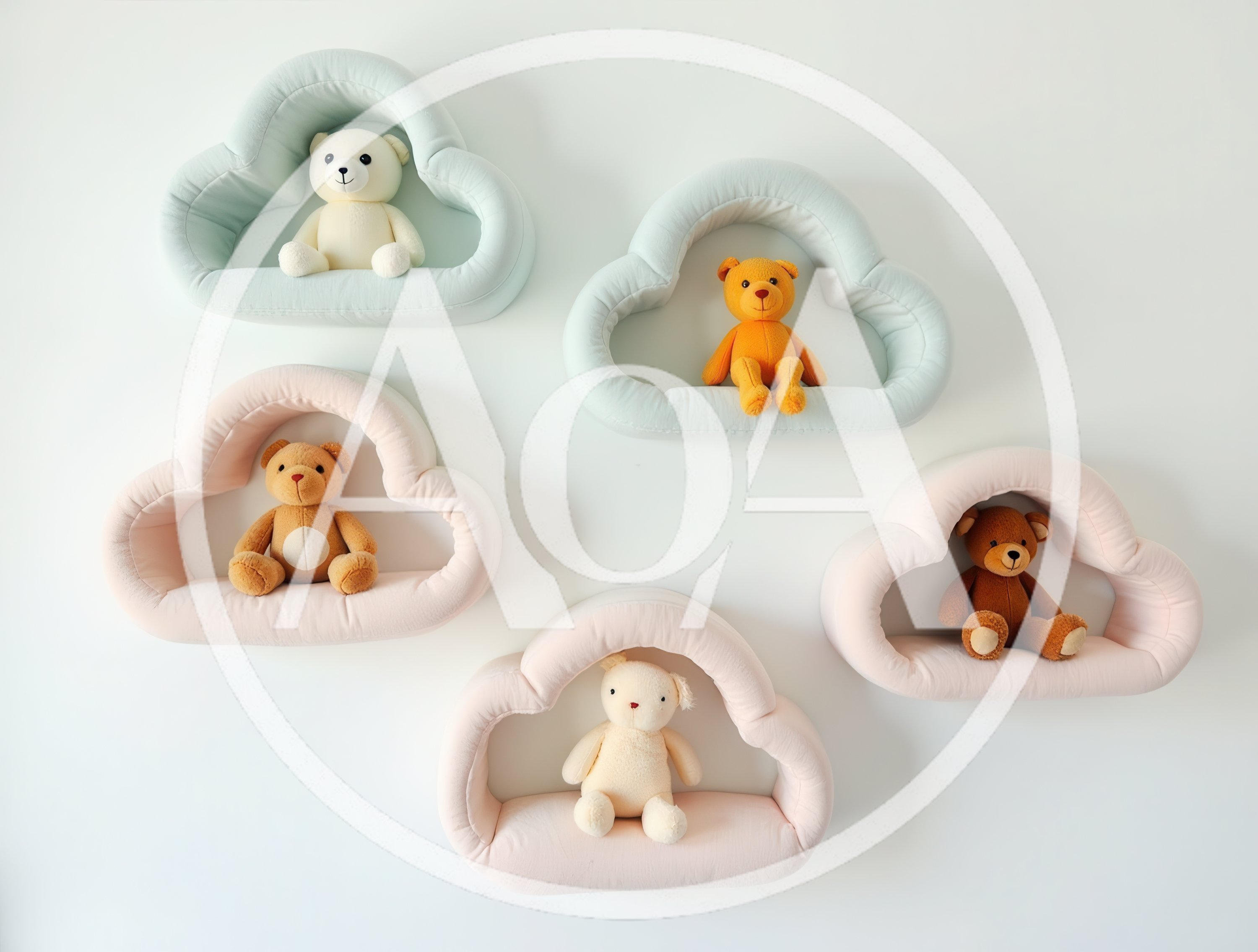 Five Plush Teddy Bears Sitting On Cloud Shaped Shelves