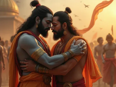 Two Men Embracing In Traditional Indian Attire