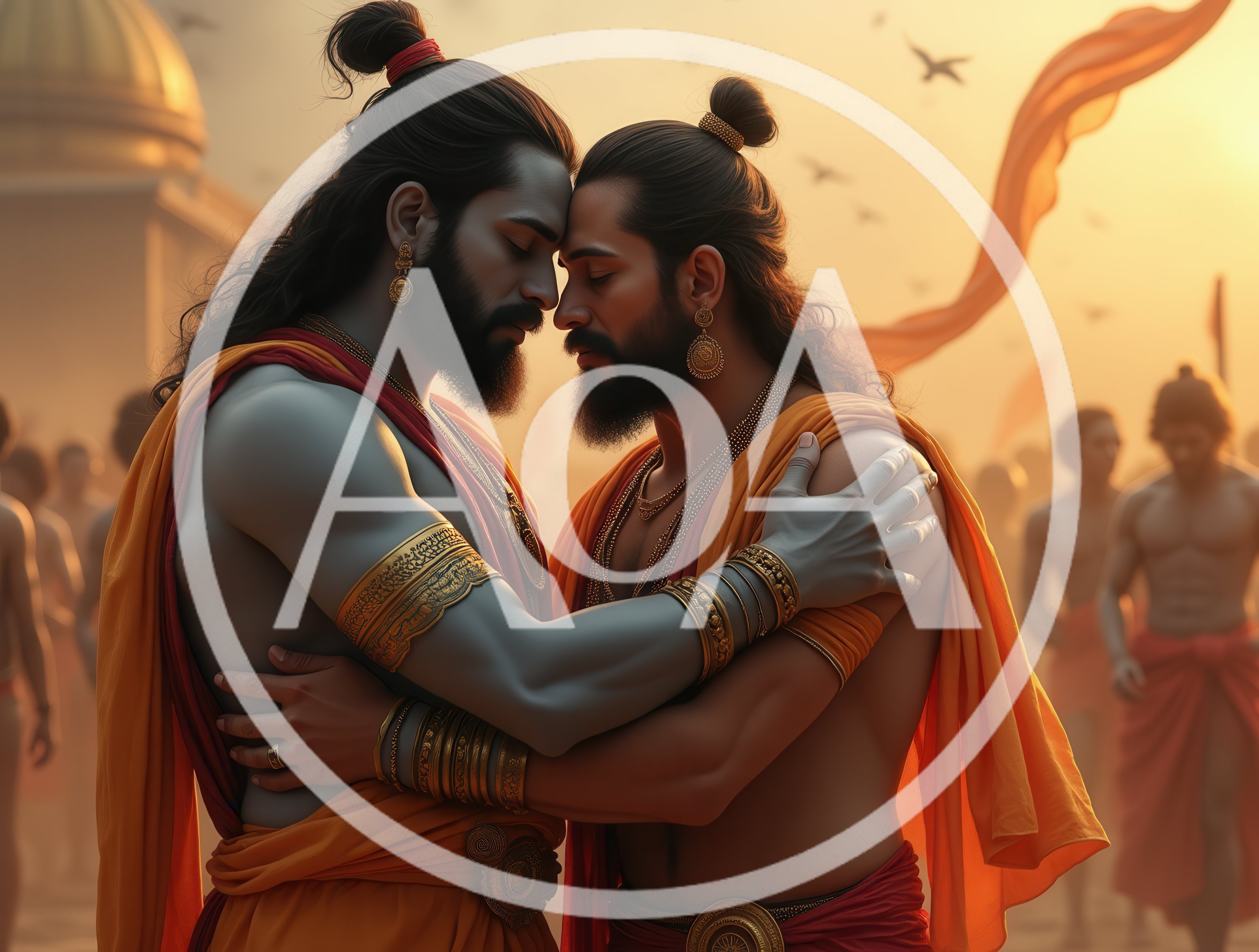 Two Men Embracing In Traditional Indian Attire