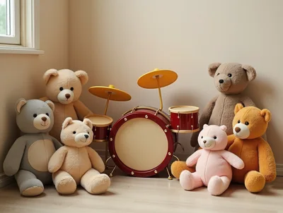 Group Of Teddy Bears Sitting Around A Toy Drum Set