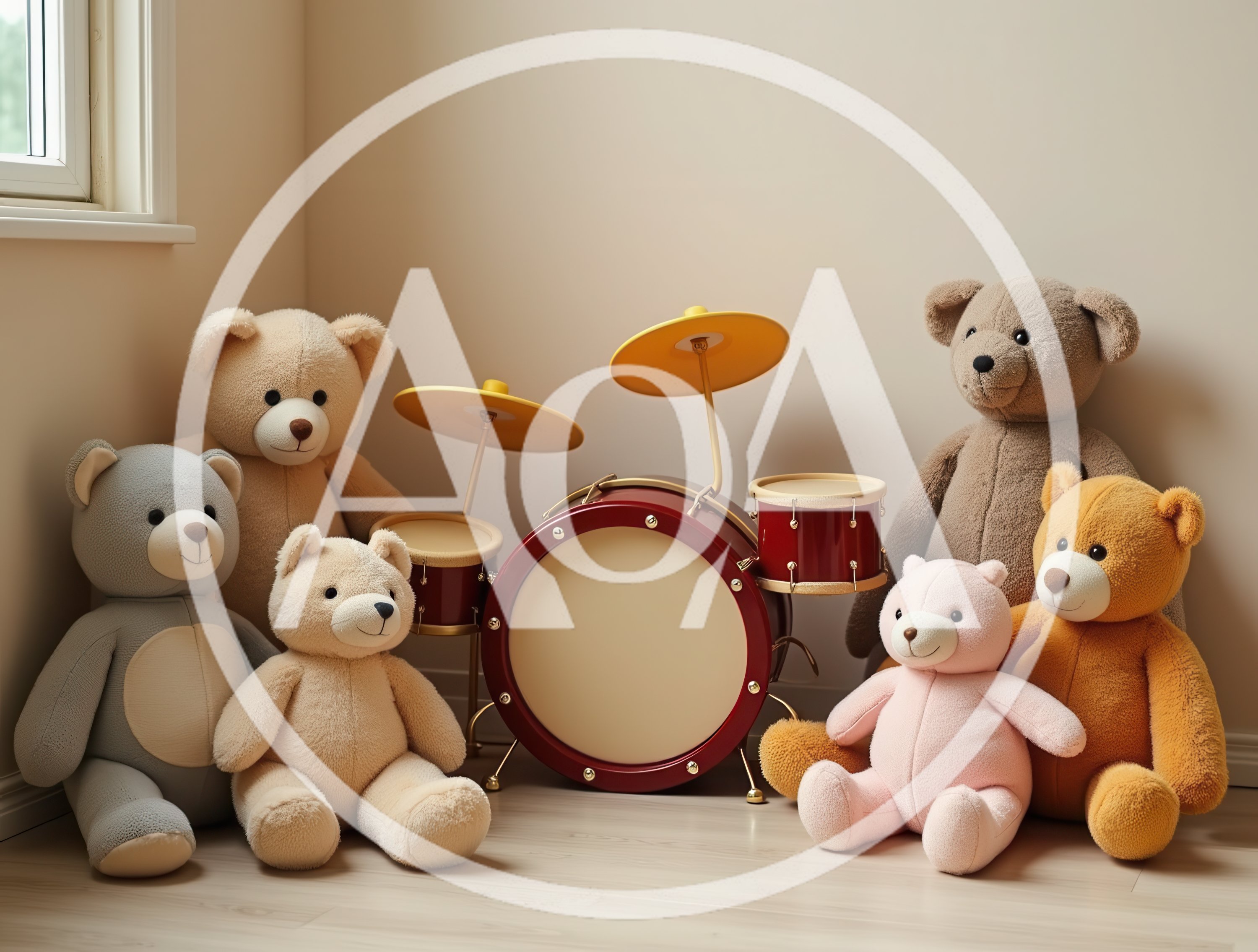 Group Of Teddy Bears Sitting Around A Toy Drum Set