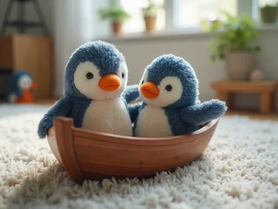 Two Plush Penguin Toys Sitting In A Wooden Boat