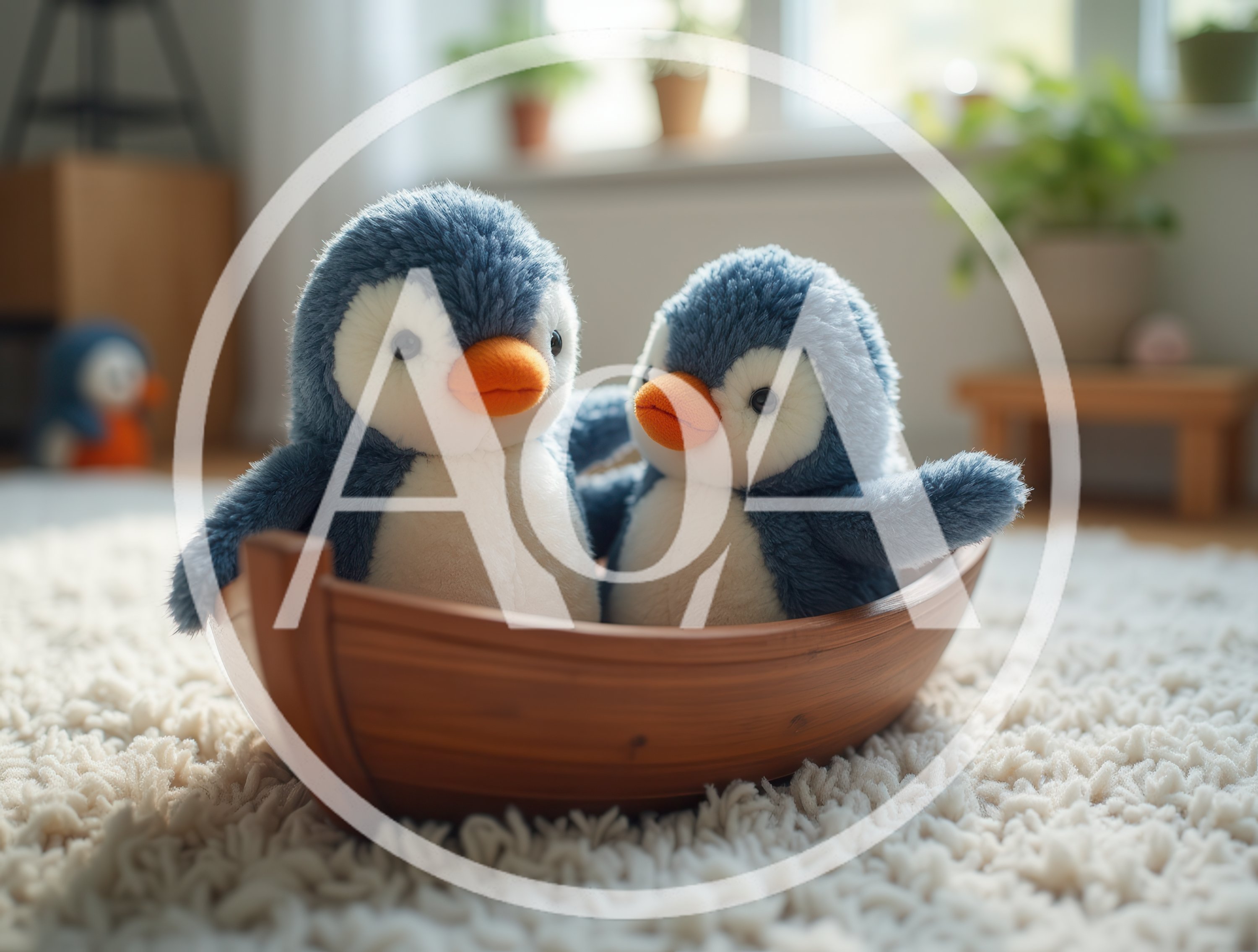 Two Plush Penguin Toys Sitting In A Wooden Boat