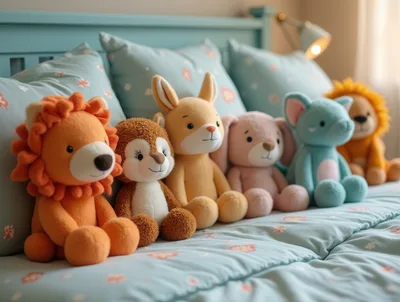 Row of Cute Stuffed Animal Toys on Bed