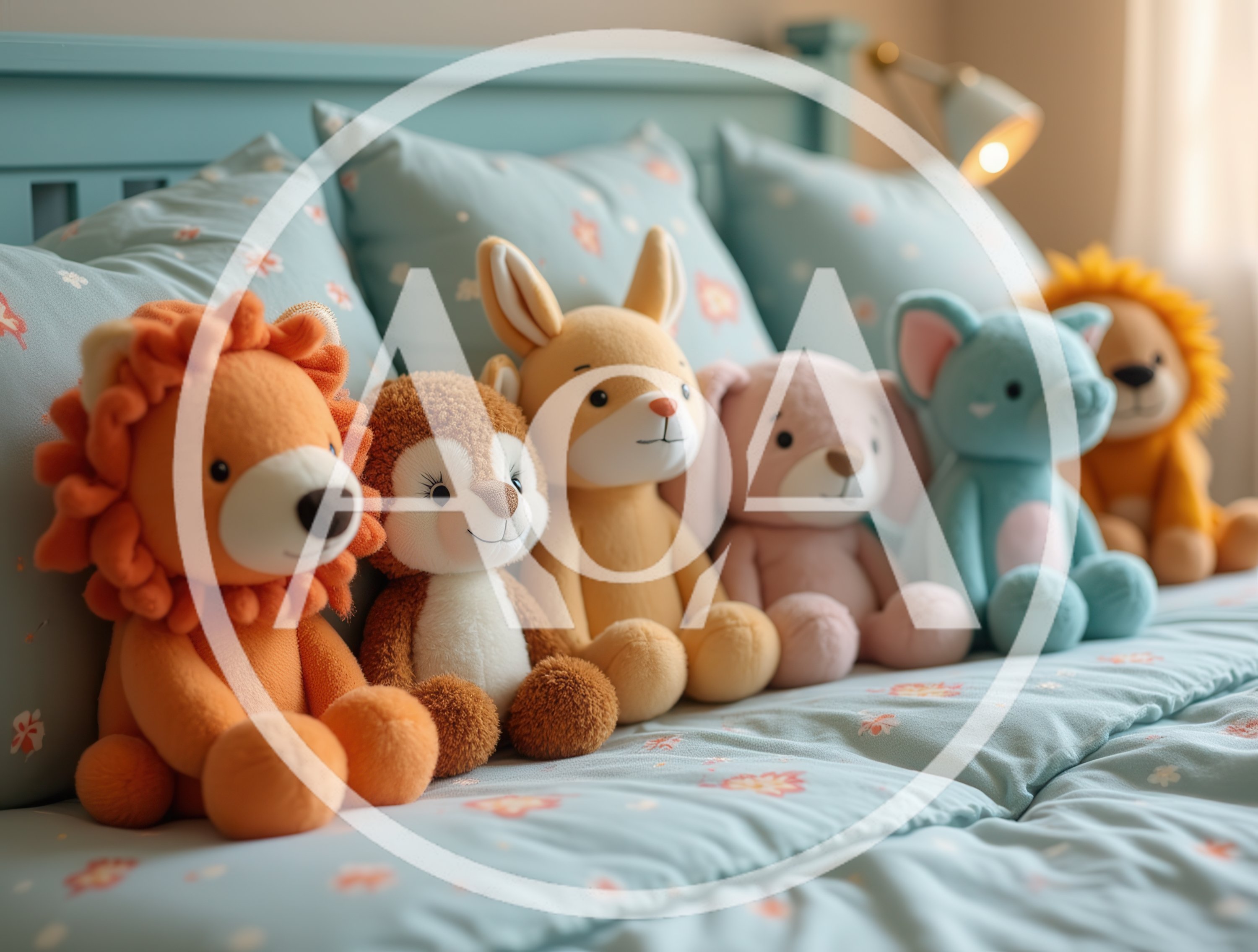 Row of Cute Stuffed Animal Toys on Bed