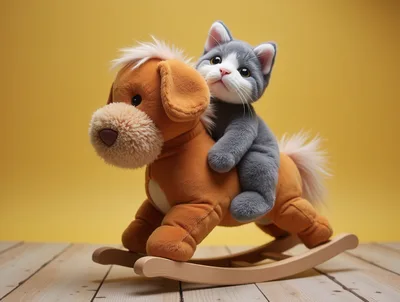 Cute Gray Kitten Riding A Plush Rocking Dog