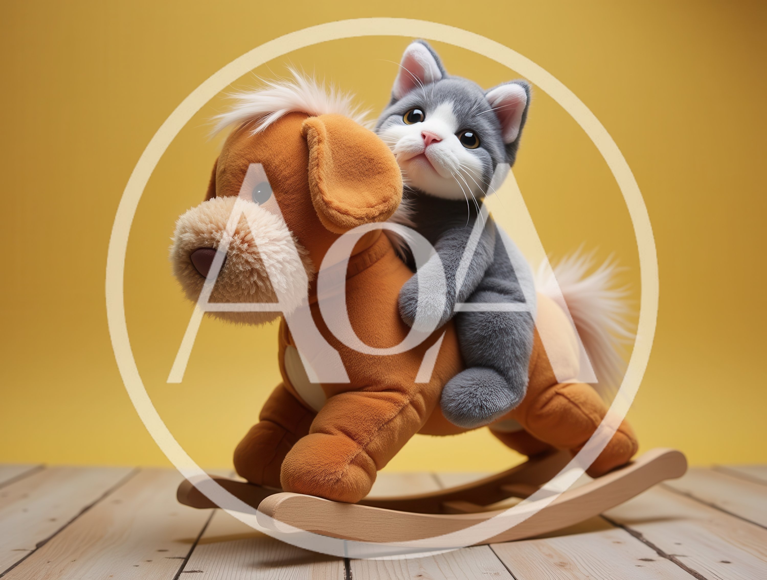 Cute Gray Kitten Riding A Plush Rocking Dog