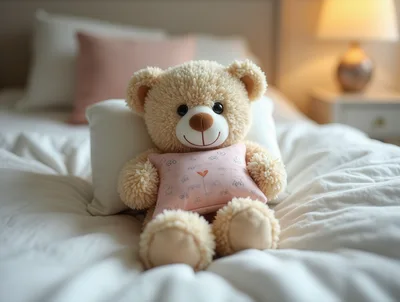 Cute Teddy Bear Sitting on a Bed
