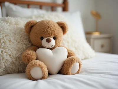 Brown Teddy Bear Holding A White Heart Pillow