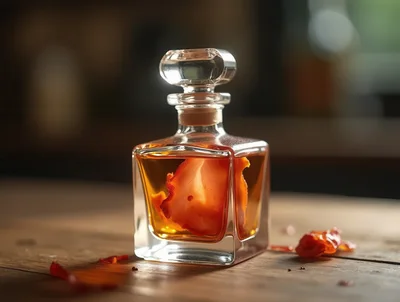 Glass Decanter With Infused Amber Liquid And Chili