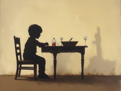 Silhouette Of A Child Sitting At A Dining Table