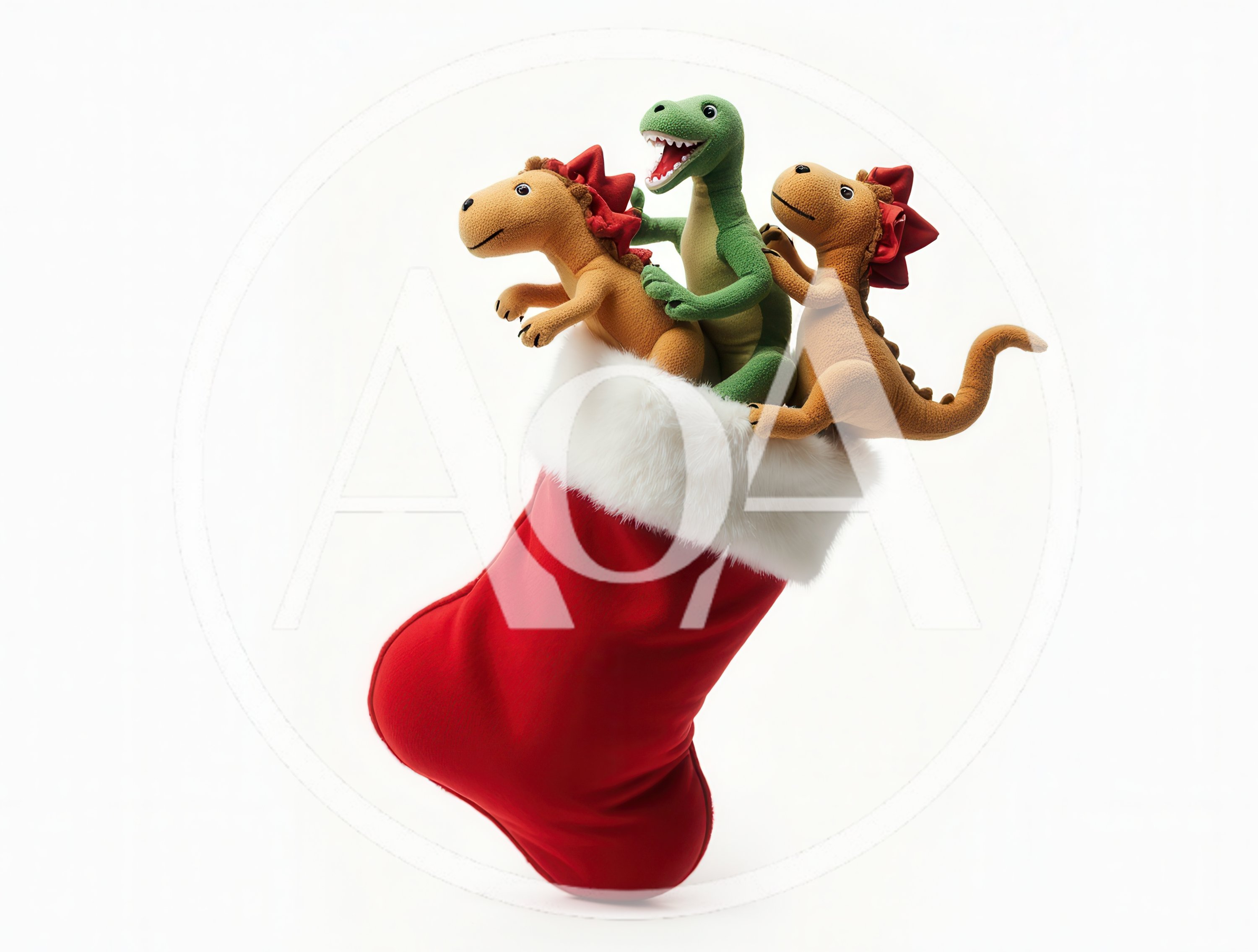 Three Plush Dinosaur Toys Inside A Christmas Stocking