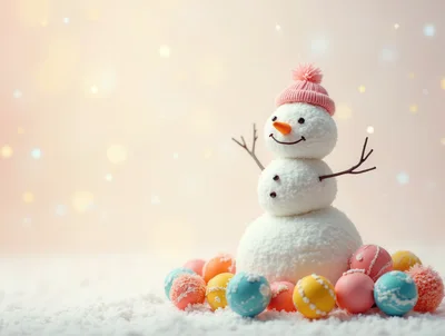 Cute Snowman With Colorful Ornaments In Snowy Setting