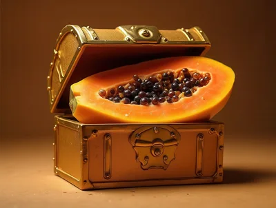 Half A Papaya Inside A Golden Treasure Chest