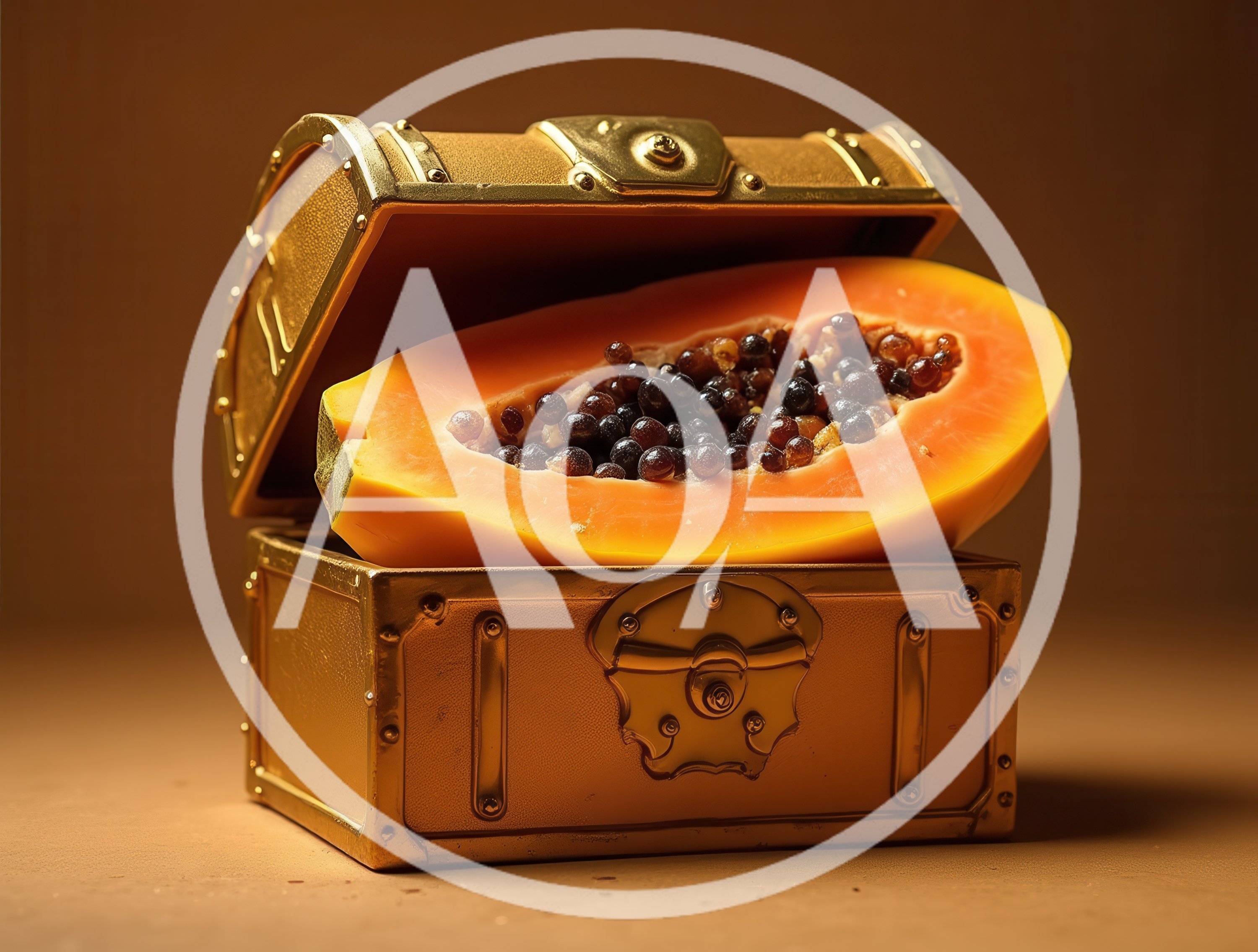 Half A Papaya Inside A Golden Treasure Chest