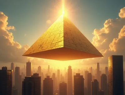 Golden Pyramid Floating Above A Modern City Skyline