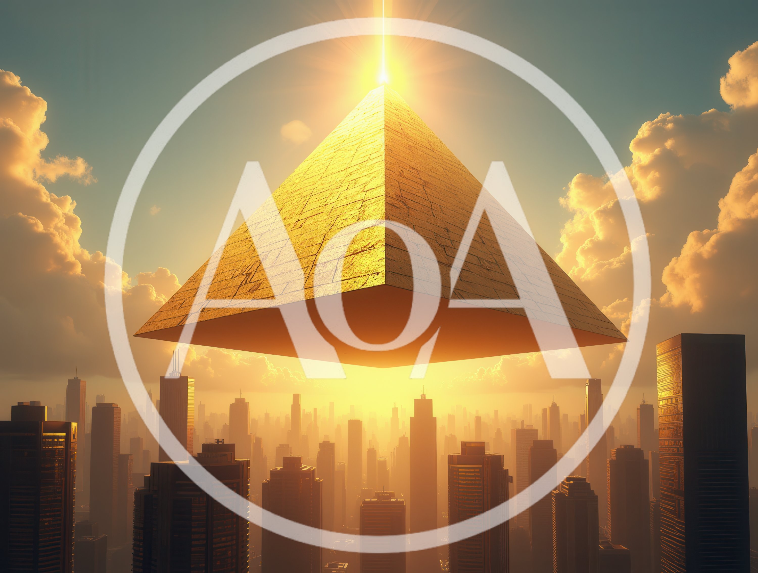 Golden Pyramid Floating Above A Modern City Skyline