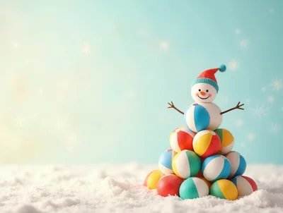 Snowman Made Of Beach Balls On Snowy Background