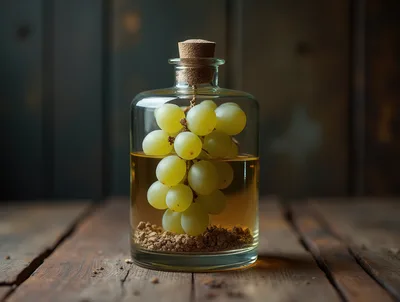 Green Grapes Suspended Inside A Glass Bottle