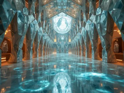 Grand Hall With Ice Crystal Architecture And Reflective Floor