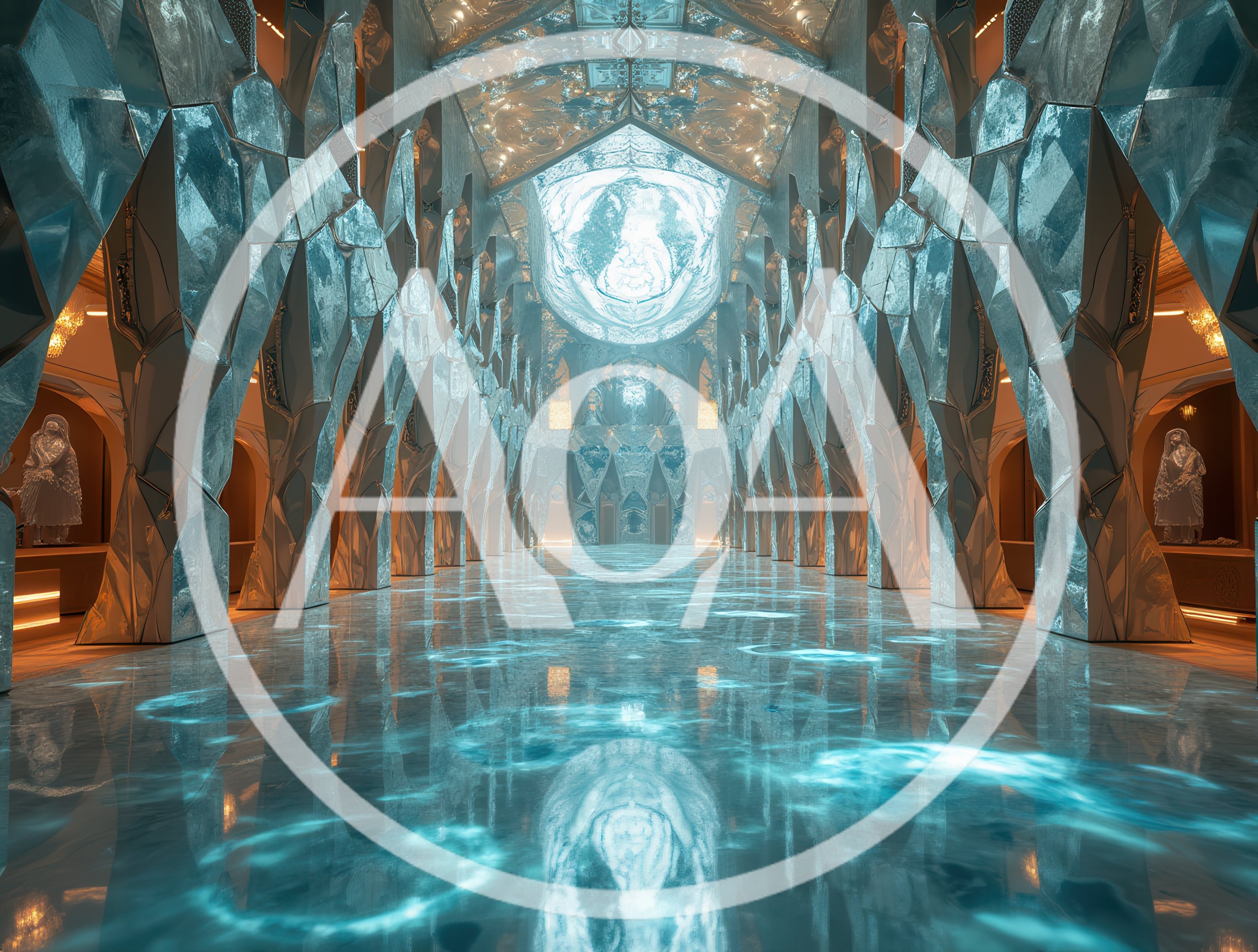 Grand Hall With Ice Crystal Architecture And Reflective Floor
