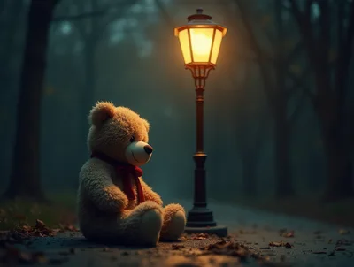Teddy Bear Sitting Alone Under A Streetlight