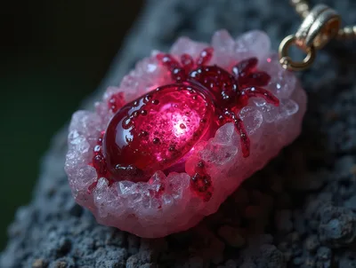Red Beetle Pendant Embedded In Pink Crystal