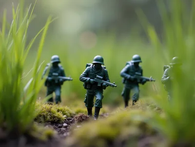 Toy Soldiers Marching Through Tall Green Grass