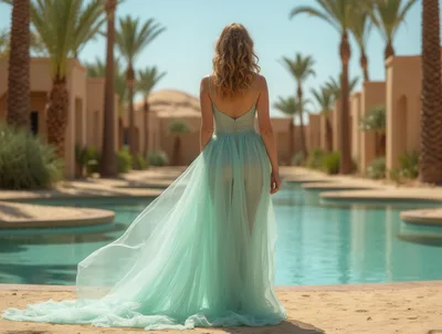 Woman In Flowing Mint Green Gown By Resort Pool