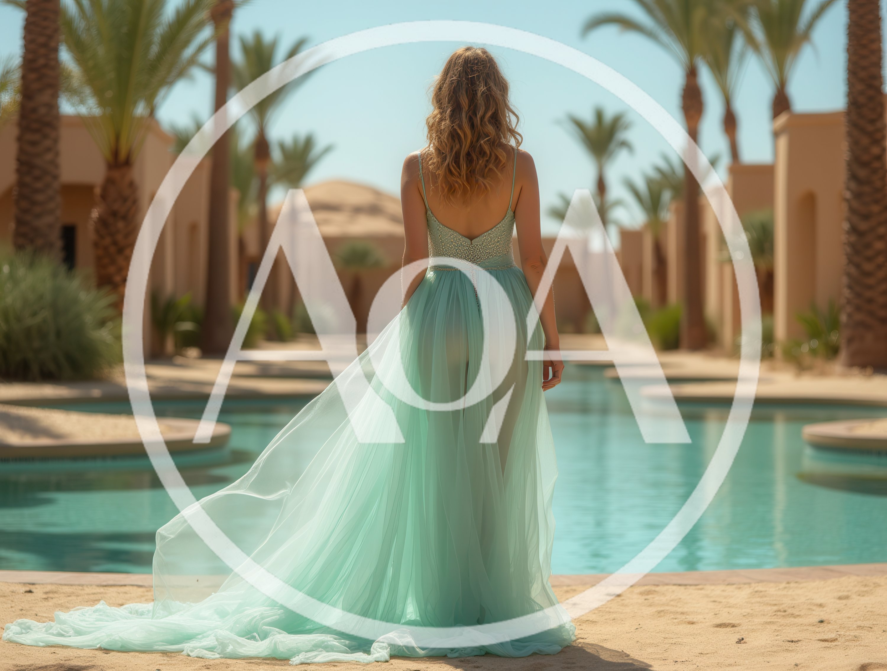 Woman In Flowing Mint Green Gown By Resort Pool