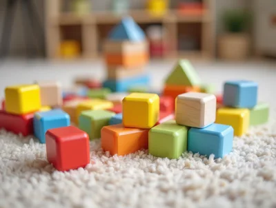 Colorful Wooden Building Blocks Scattered on Soft Carpet