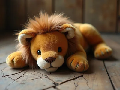 Plush Lion Toy Resting On Cracked Wooden Floor