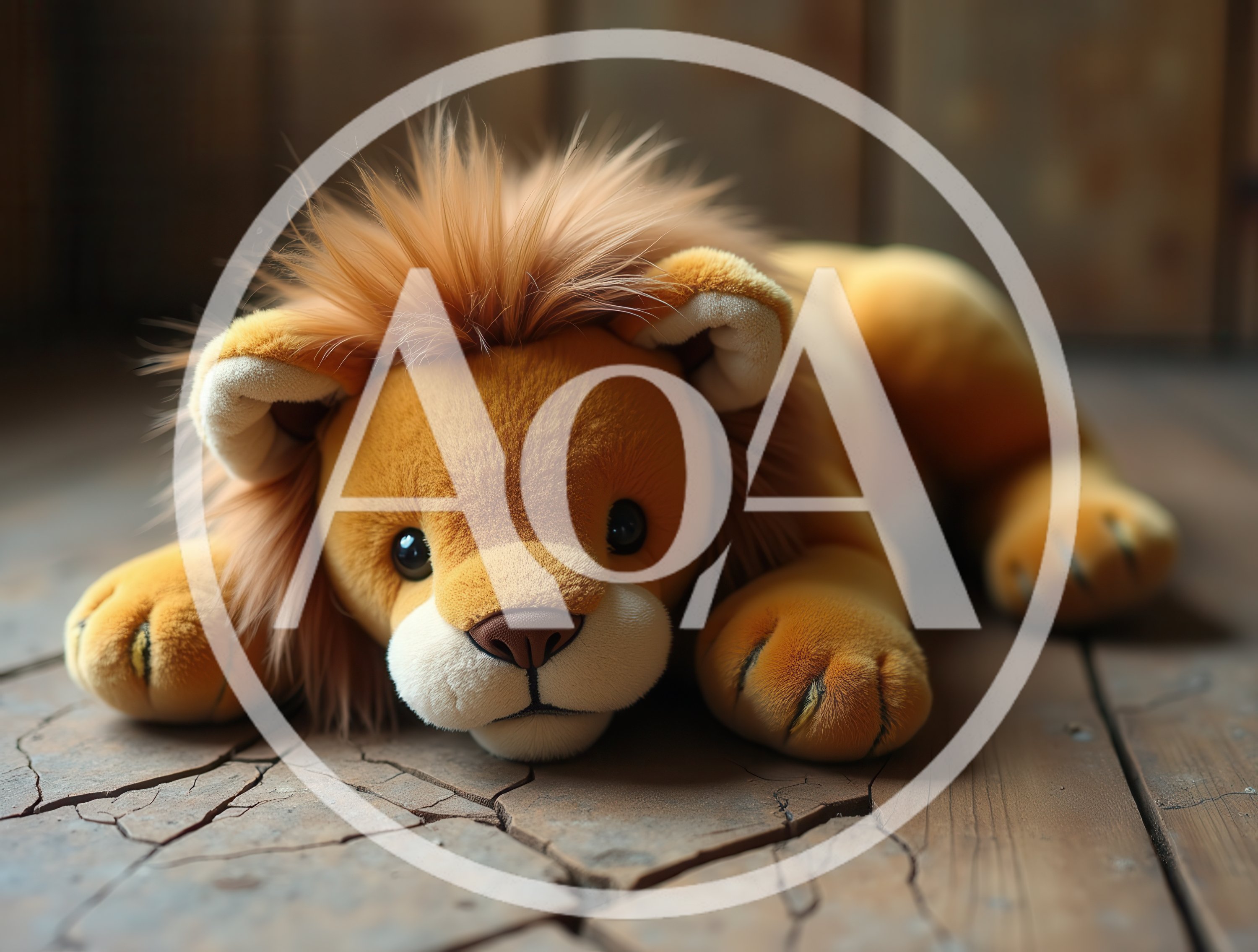 Plush Lion Toy Resting On Cracked Wooden Floor