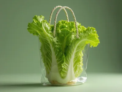Fresh Lettuce Head Inside A Transparent Plastic Shopping Bag