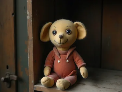 Vintage Stuffed Animal Toy Sitting On Wooden Shelf